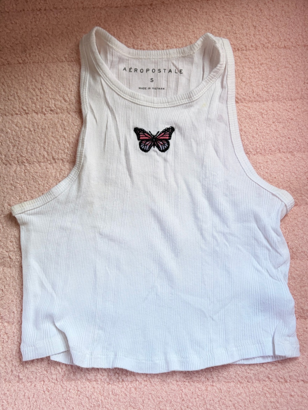 Aeropostale White Ribbed Tank with Pink and Black Butterfly Patch
